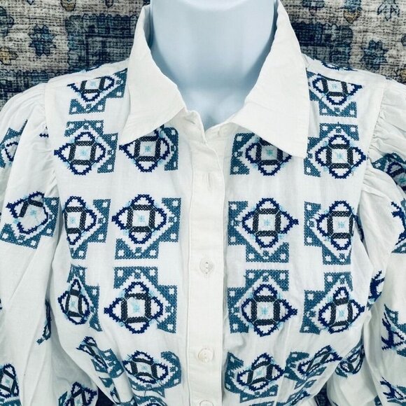 River Island Embroidered Mini Shirt Dress Size 8 Open Back Collard Button Up - Picture 2 of 16